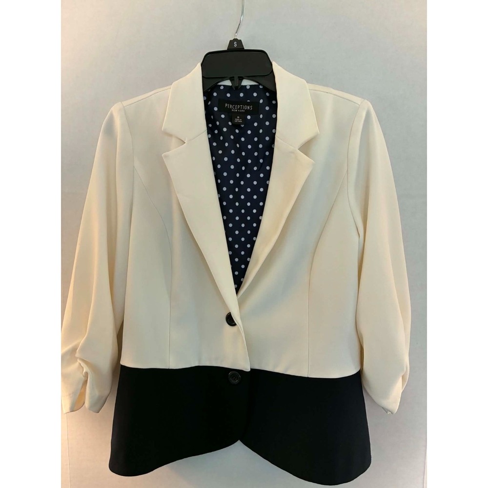 Perceptions New York Womens 8 Colorblock Blazer Cream Navy Polka Dot Career Jack